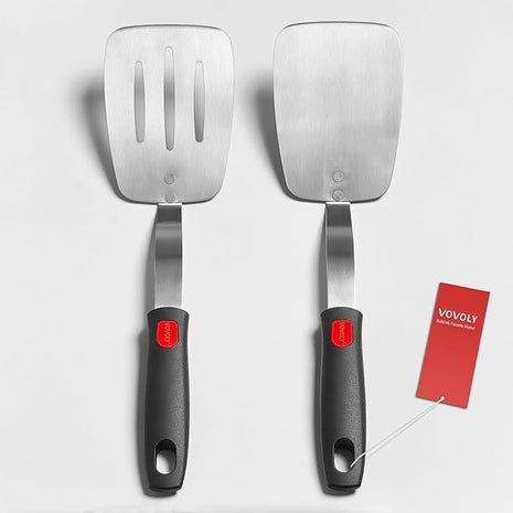 Stainless Steel Spatula Turner Set, 2-Pack Metal Spatula for Kitchen Use,VOVOLY Heavy Duty Cooking Turners, Wide Blade with Beveled Edge, Heat Resistant Silicone Handle, Dishwasher Safe