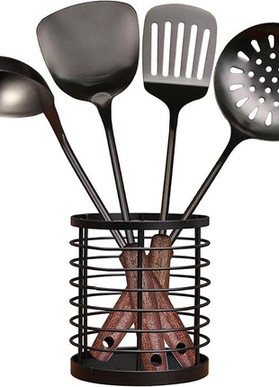 MARTE 18/10 Stainless Steel Cooking Utensil Set with Holder - 5 PCS Kitchen Serving Utensils Set - Spatula,Soup Ladle,Skimmer Slotted Spoon,Turner Spatula - Black Cooking Tools - Dishwasher Safe