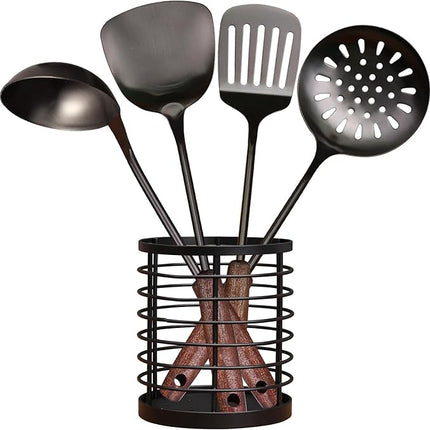 MARTE 18/10 Stainless Steel Cooking Utensil Set with Holder - 5 PCS Kitchen Serving Utensils Set - Spatula,Soup Ladle,Skimmer Slotted Spoon,Turner Spatula - Black Cooking Tools - Dishwasher Safe