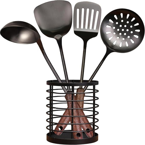 MARTE 18/10 Stainless Steel Cooking Utensil Set with Holder - 5 PCS Kitchen Serving Utensils Set - Spatula,Soup Ladle,Skimmer Slotted Spoon,Turner Spatula - Black Cooking Tools - Dishwasher Safe