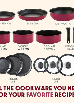 T-fal Ingenio Expertise Non Stick Cookware Set 14 Piece, Induction, Oven Broiler Safe 500F, Cookware, Pots and Pans Set, RV, Camping, Frying Pans, Dishwasher Safe, Detachable/Removable Handle, Pink