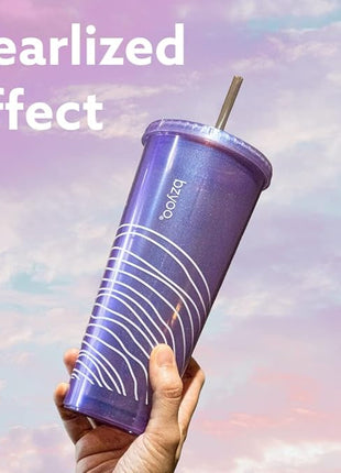 bzyoo SIP 24oz (710ml) Double Wall Plastic Tumbler with Lid and Straw Cold Drink Travel Mug Reusable Ice Coffee Tea Cup Perfect for Office Poolside Parties Gifts Color: Pearl Purple
