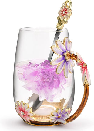 OEAGO Purple Gifts for Women Mom Mothers Day Glass Coffee Enamels Mug Best Birthday Flower Gifts for Her from Daughter Son Lead-Free Christmas Tea Cup with Spoon Set