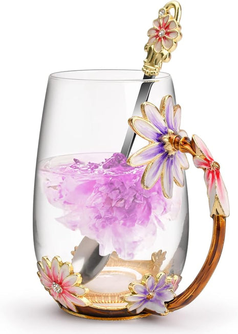 OEAGO Purple Gifts for Women Mom Mothers Day Glass Coffee Enamels Mug Best Birthday Flower Gifts for Her from Daughter Son Lead-Free Christmas Tea Cup with Spoon Set