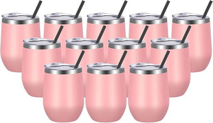 VEGOND Wine Tumblers Bulk 12 Pack, 12oz Stainless Steel Stemless Wine Glass with Lids and Straws, Double Wall Vacuum Insulated Tumbler Cup, Coffee Mug for Cold Hot Drinks