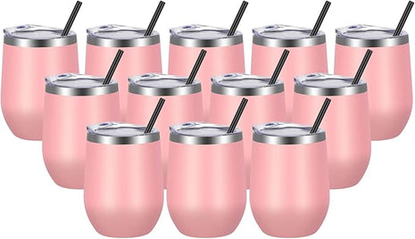 VEGOND Wine Tumblers Bulk 12 Pack, 12oz Stainless Steel Stemless Wine Glass with Lids and Straws, Double Wall Vacuum Insulated Tumbler Cup, Coffee Mug for Cold Hot Drinks