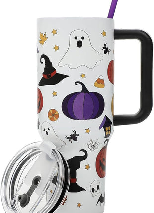 Bioworld Halloween Scary Icons 40 Oz Vacuum Insulated White Stainless Steel Tumbler with Handle & Leak-Proof Lid, Double-Wall Design for Hot or Cold Drinks