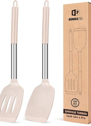 Pack of 2 Silicone Solid Turner, Non Stick Slotted Kitchen Spatulas, High Heat Resistant BPA Free Cooking Utensils, Ideal Cookware for Fish, Eggs, Pancakes(Stainless Steel Khaki)