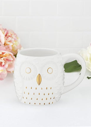 Pinky Up Olivia Owl Mug, Cute Mugs for Women, Tea Tumbler Cup, Tea Accessory Gifts, Owl Design, White and Gold, 16oz