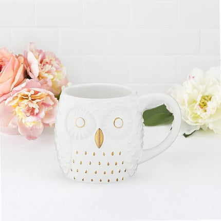 Pinky Up Olivia Owl Mug, Cute Mugs for Women, Tea Tumbler Cup, Tea Accessory Gifts, Owl Design, White and Gold, 16oz