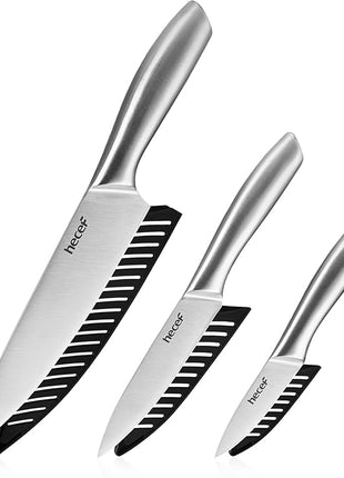 hecef Silver Kitchen knife set of 3, Satin Finish Blade with Hollow Handle, includes 8" Chef, 5" Utility and 3.5" paring knife