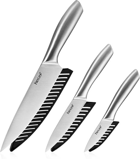 hecef Silver Kitchen knife set of 3, Satin Finish Blade with Hollow Handle, includes 8" Chef, 5" Utility and 3.5" paring knife
