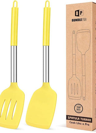 Pack of 2 Silicone Solid Turner, Non Stick Slotted Kitchen Spatulas, High Heat Resistant BPA Free Cooking Utensils, Ideal Cookware for Fish, Eggs, Pancakes(Yellow)