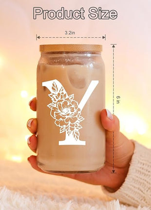 Coolife Initial Glass Cup, Monogrammed Gifts for Women, 16 oz Glass Cups w/Lids Straws, Iced Coffee Smoothie Beer Tumbler w/Straw Lid - Personalized Christmas, Birthday Gifts for Her Mom Friend Woman