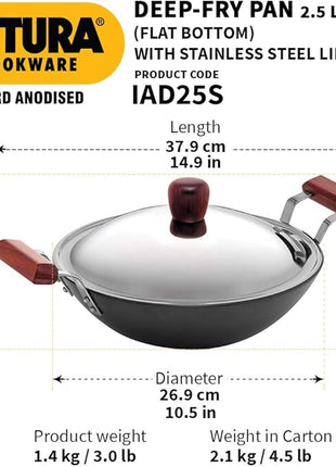 Hawkins Futura 2.5 Litre Deep Fry Pan, Hard Anodised Kadai with Stainless Steel Lid, Flat Bottom Induction Kadhai, Black (IAD25S)