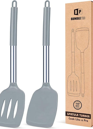 Pack of 2 Silicone Solid Turner, Non Stick Slotted Kitchen Spatulas, High Heat Resistant BPA Free Cooking Utensils, Ideal Cookware for Fish, Eggs, Pancakes(Gray)