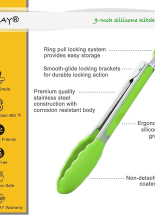Silicone Tongs 9-Inch Stainless Steel Locking Kitchen Tongs, Set of 3 (Green)