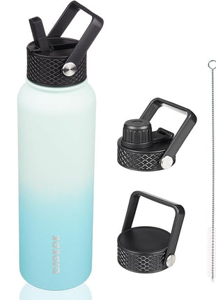 BJPKPK Insulated Water Bottles with Straw Lid, 40oz Stainless Steel Water Bottles with 3 Lids, BPA Free Leakproof Thermo, Tumblers, Cups for Sports, Gym- Mint