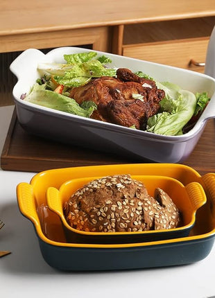 Sweejar Baking Pans Set, Ceramic 9x13 Baking Dish with Handle, Rectangular Casserole Dishes for Oven, Bakeware Sets of 3, Durable Lasagna Pan Deep for Kitchen, Banquet, Wedding Gift(Blue & Yellow)