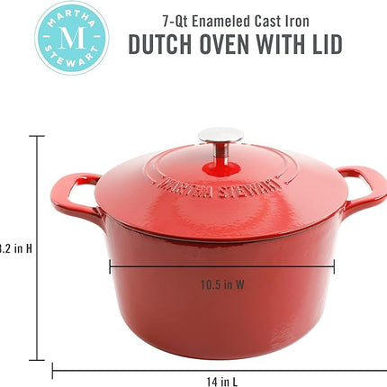 MARTHA STEWART Gatwick 7-Quart Enamel Cast Iron Dutch Oven Pot with Lid – Red – Durable Heavy-Duty Dutch Oven for Slow Cooking, Braising & Baking