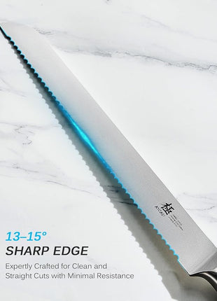 KYOKU 10" Serrated Bread Knife, Samurai Series Serrated Knife for Homemade Bread Pastries with Pakkawood Handle, Japanese High Carbon Steel Cake Knife, Full Tang Bread Cutting Knife with Sheath & Case