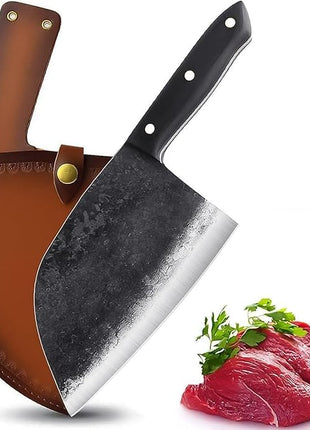 Forging Serbian Chef Knife Kitchen Chef Knives Full Tang High Carbon Clad Steel Almasi Butcher Cleaver with Leather Sheath Thanksgiving Christmas Gifts for Men Women (B-Almasi Knife)