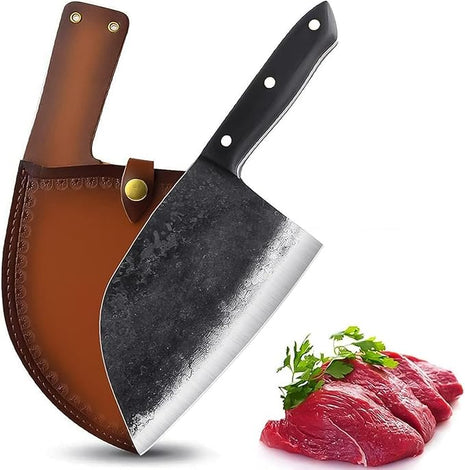 Forging Serbian Chef Knife Kitchen Chef Knives Full Tang High Carbon Clad Steel Almasi Butcher Cleaver with Leather Sheath Thanksgiving Christmas Gifts for Men Women (B-Almasi Knife)