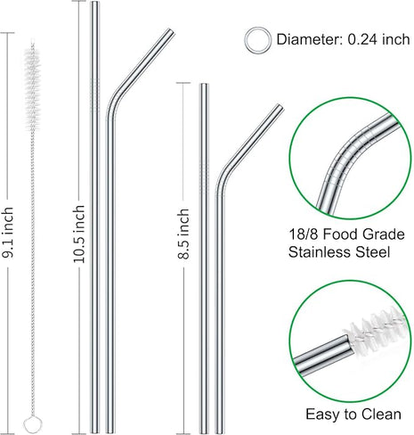 Vinaco Stainless Steel Straws Reusable, 12 Pack 8.5" & 10.5" Metal Straws 0.24" for 20 oz - 32 oz Tumblers, Long Drinking Straws with Cleaning Brush for Coffee, Juice, Cocktail and Hot Drinks