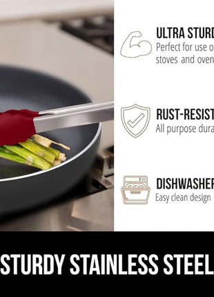 GORILLA GRIP Stainless Steel Heat Resistant Kitchen Tongs for Cooking, Set of 2 BBQ Tong, Non Scratch Silicone Tip for Pans, Strong Grip, Grab Food, Toss Salad, Air Fryer, Pull Lock, 7 + 9 Inch, Red