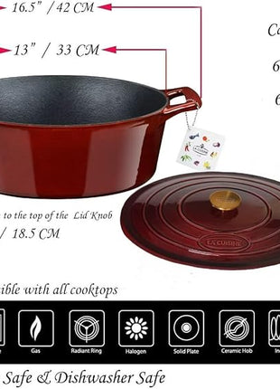 La Cuisine Enameled Cast Iron Oval Dutch Oven Casserole Dish Pot with Lid 6.75 QT Internal Matte Black Enamel Coating for bread baking, Gold-Plated Stainless Steel Lid Handle, Oven Safe up to 500° F. Cranberry