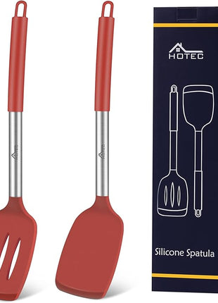 HOTEC Silicone Spatula Set of 2 Heat-Resistant 600°F & BPA-Free Kitchen SaptulaTurner with Stainless Steel Handles, Slotted & Solid Spatulas for Nonstick Cookware, 13.7 Inch, Red