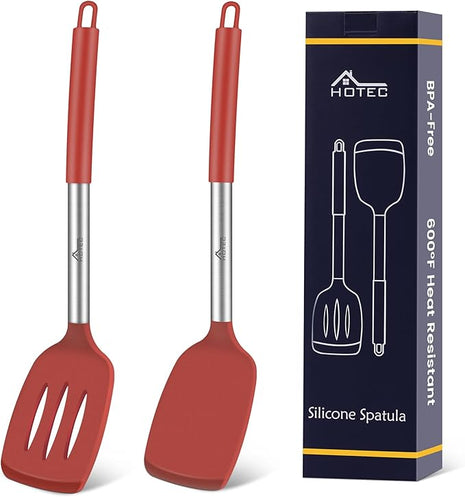HOTEC Silicone Spatula Set of 2 Heat-Resistant 600°F & BPA-Free Kitchen SaptulaTurner with Stainless Steel Handles, Slotted & Solid Spatulas for Nonstick Cookware, 13.7 Inch, Red
