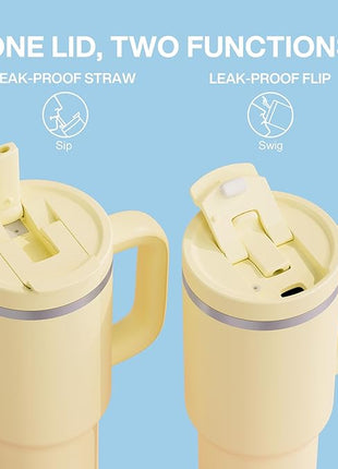 40 oz Tumbler with Handle and Straw: Stainless Steel Insulated Tumbler Keeps Cold for 24 Hours, Leakproof Travel Cup Fits in Cup Holder and BPA-Free,Light Vanilla