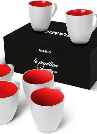 MIAMIO - Set of 6 Stoneware Coffee Mugs 12 Ounce/Cup Set - Le Papillon Collection (White-Red)
