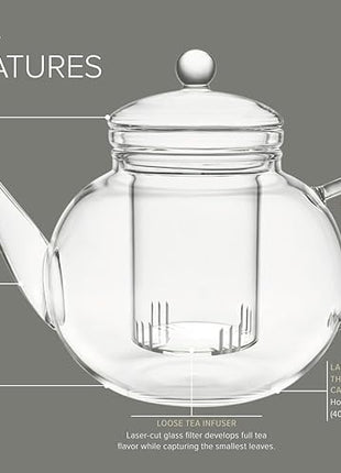 Teabloom Stovetop & Microwave Safe Glass Teapot with Removable Loose Tea Glass Infuser – Includes 2 Blooming Teas – 2-in-1 Tea Kettle and Tea Maker – Tea Purist's Choice