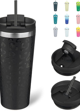 BJPKPK 22oz Insulated Tumbler With lid And Straw Stainless Steel Tumblers Travel Coffee Mug Reusable Thermal Cup,Black Leopard