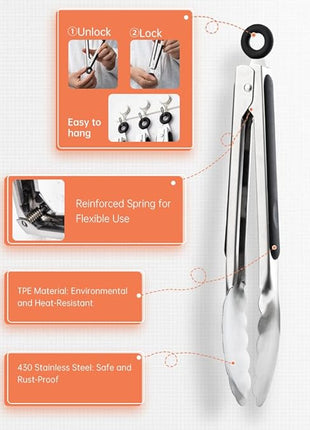 9 & 12 Inch Kitchen Tongs, Stainless Steel Metal Tongs Cooking Tongs, for Cooking Barbecue, BBQ Grilling, Buffet Serving (9"+12")
