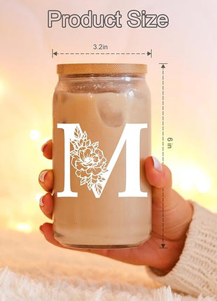 Coolife Initial Glass Cup, Monogrammed Gifts for Women, 16 oz Glass Cups w/Lids Straws, Iced Coffee Smoothie Beer Tumbler w/Straw Lid - Personalized Christmas, Birthday Gifts for Her Mom Friend Woman