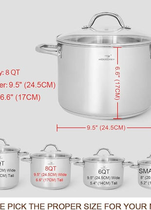 HOMICHEF Stock Pot 8 Quart with Lid Nickel Free Stainless Steel - Mirror Polished Stockpot 8 QT with Lid - HEALTHY COOKWARE Stockpots 8 Quart - Soup Pot for Induction Cooktop