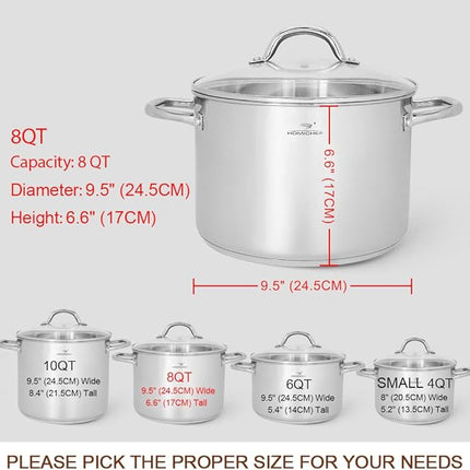 HOMICHEF Stock Pot 8 Quart with Lid Nickel Free Stainless Steel - Mirror Polished Stockpot 8 QT with Lid - HEALTHY COOKWARE Stockpots 8 Quart - Soup Pot for Induction Cooktop