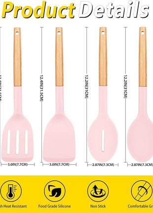 Pack of 4 Silicone Cooking Utensils Set, Non Stick Solid Spatulas and Heat Resistant Slotted Spoons with Wooden Handle, Ideal Wood Kitchen Utensils Set for Frying,Serving,Turning,Stirring (PINK)