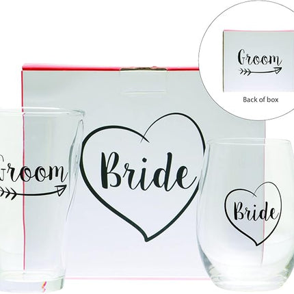 Cute Wedding Gifts - Bride and Groom Novelty Wine Glass and Beer Glass Combo - Engagement Gift for Couples