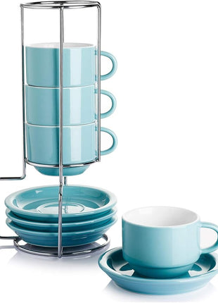 Sweese 2.5 Ounce Porcelain Stackable Espresso Cups with Saucers and Metal Stand Set of 4, Turquoise