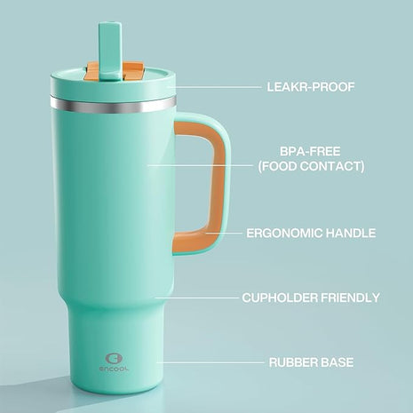 40 oz Tumbler with Handle and Straw: Stainless Steel Insulated Tumbler Keeps Cold for 24 Hours, Leakproof Travel Cup Fits in Cup Holder and BPA-Free,Soft Cyan