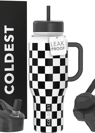 Coldest Tumbler with Handle and Straw, 100% Leak Proof Insulated Tumbler with Lid and Straw (3 Lids), Stainless Steel Tumblers for Women & Men, Cup Holder Friendly, 36 oz (Black Checkers)