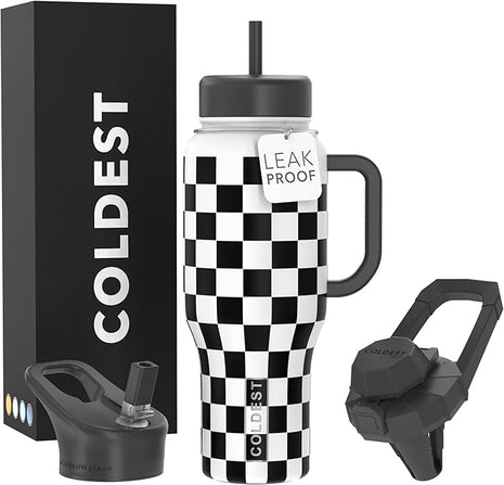 Coldest Tumbler with Handle and Straw, 100% Leak Proof Insulated Tumbler with Lid and Straw (3 Lids), Stainless Steel Tumblers for Women & Men, Cup Holder Friendly, 36 oz (Black Checkers)