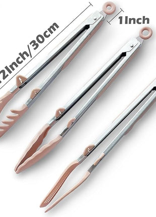 Tongs for Cooking, 12" Kitchen Tongs with Silicone Tips, Food Grade Serving Tongs Set of 3, Pink