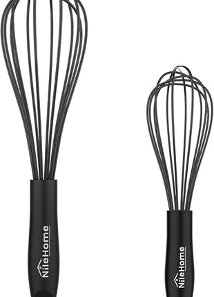 NileHome Silicone Whisk Set 10" 12" Kitchen Whisk Kitchen Wisk Wire Whisks for Cooking, Whisking, Blending, Beating, Stirring-Black