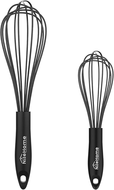 NileHome Silicone Whisk Set 10" 12" Kitchen Whisk Kitchen Wisk Wire Whisks for Cooking, Whisking, Blending, Beating, Stirring-Black