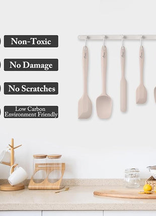 HOTEC 600℉ Heat Resistant BPA-Free Silicone Rubber Spatula Set,Kitchen Cooking Spatulas, Baking, Mixing for Non Stick Cookware, Dishwasher Safe, Set of 5, Khaki